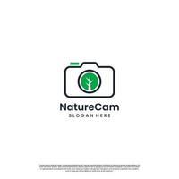 natur kamera logotyp elegant design, kamera med träd logotyp design linje koncept vektor