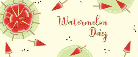 wassermelonentagsbanner und wassermelonenfarbene buchstaben, stück wassermelone am stab. vektor