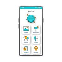 nattklubb app smartphone gränssnitt vektor mall. mobil app sida vit design layout. galleri, restaurang, evenemangsskärm. platt ui för nattklubbsapplikationswebbplats. nattlivstelefondisplay