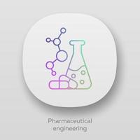 App-Symbol für pharmazeutische Technik. Arzneimittelformulierung. Chemieingenieurwesen. Kolben, Molekül, Kapseln. Pharmakologie. ui ux-Benutzeroberfläche. Web- oder mobile Anwendungen. Vektor isolierte Illustrationen