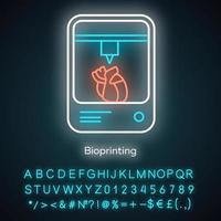 Bioprinting-Neonlicht-Symbol. künstliches Herz 3D-Druck. lebende Organe produzieren. medizinische Technologien. Biotechnik. leuchtendes zeichen mit alphabet, zahlen und symbolen. vektor isolierte illustration