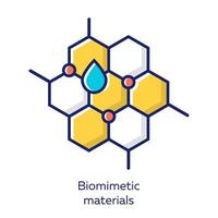 gelbes Farbsymbol für biomimetische Materialien. Kopieren der natürlichen Formation durch den Menschen. biologische Materialstruktur für Nachahmungsstudien. Wabe, Wassertropfen. Biotechnik. isolierte Vektorillustration vektor