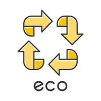 ekoetikett färgikon. fyra gula vinklade piltecken. återvinna symbol. alternativ energi. miljöskydd klistermärke. miljövänliga kemikalier. ekologisk kosmetika. isolerade vektor illustration