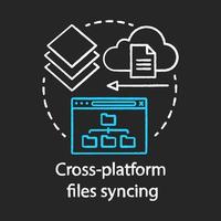 Cross-Plattform-Dateien synchronisieren Kreide-Konzept-Symbol. cloud computing, idee für den fernzugriff auf informationen, dünne linie tafelillustration. Datenübertragung, Online-Technologie. Vektor isoliert Umrisszeichnung