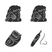 skönhet enheter glyf ikoner set. ansiktsmassager, rengöringsborste, epilator och näshårstrimmer. kosmetologiska instrument. hudvård. skönhetsverktyg. siluett symboler. vektor isolerade illustration