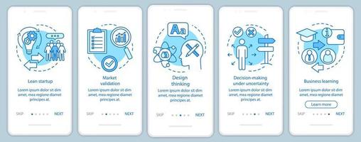 Startup-Prinzipien beim Onboarding des Bildschirms der mobilen App-Seite mit linearen Konzepten. Erstellen von Geschäftsschritten mit grafischen Anweisungen. ux, ui, gui-vektorvorlage mit illustrationen