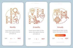 video-editor-abonnement-onboarding-bildschirm der mobilen app-seite mit linearen konzepten. 6 Monate Tarife. drei Walkthrough-Schritte mit grafischen Anweisungen. ux, ui, gui-vektorvorlage mit illustrationen vektor