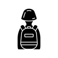 Spielsoldat mit taktischem Rucksack-Glyphen-Symbol. Spieler mit Spielinventar. Krieger, Soldat in Helm und Rucksack. Cybersport. Silhouettensymbol. negativer Raum. vektor isolierte illustration