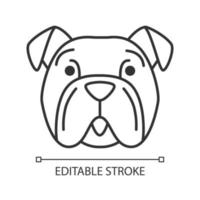 bulldogge niedlicher kawaii linearer charakter. Symbol für dünne Linie. Hund mit gedämpfter Schnauze. lustiges haushündchen. glückliches tier mit offenem mund. vektor isoliert umriss illustration. editierbarer Strich