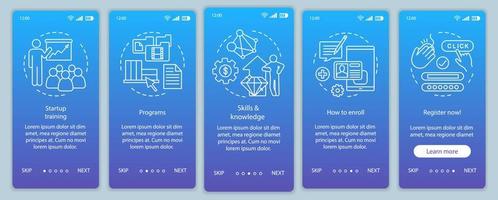 startup utbildning onboarding mobil app sida skärm vektor mall. affärscoaching, rådgivning. genomgång av webbplatssteg med linjära illustrationer. ux, ui, gui smartphone gränssnitt koncept