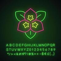 Symbol für Neonlicht der Bougainvillea-Blume. dekorative Gartenpflanze. leuchtendes zeichen mit alphabet, zahlen und symbolen. vektor isolierte illustration