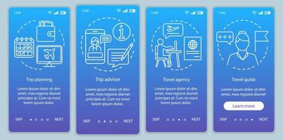 reisende onboarding mobile app-seitenbildschirm-vektorvorlage. Reisebüro und Reiseführer. Walkthrough-Website-Schritte mit linearen Illustrationen. Reiseplanung. ux, ui, gui smartphone-schnittstellenkonzept vektor