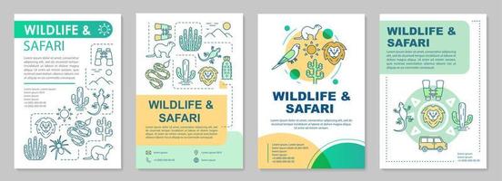 Wildtier- und Safari-Broschürenvorlagen-Layout. Reiseerlebnisse. flyer, broschüre, broschürendruckdesign mit linearen illustrationen. Vektorseitenlayouts für Zeitschriften, Geschäftsberichte, Werbeplakate