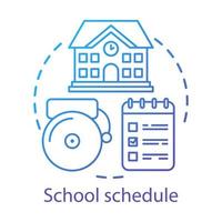 schulstundenplan, zeitplankonzeptsymbol. bildungsprozess organisationsidee dünne linie illustration. Schulhaus, Glocke und Notizblock mit Notizen Vektor isoliert Umrisszeichnung. studentisches Zeitmanagement