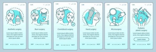 chirurgische Subspezialitäten beim Onboarding der mobilen App-Seitenbildschirm-Vektorvorlage. Handchirurgie. Walkthrough-Website-Schritte mit linearen Illustrationen. ux, ui, gui smartphone-schnittstellenkonzept vektor