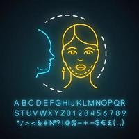 Symbol für Neonlicht am Nackenlift. jugendlich aussehender Hals. Verfahren der kosmetischen Chirurgie. untere Rhytidektomie. leuchtendes zeichen mit alphabet, zahlen und symbolen. vektor isolierte illustration