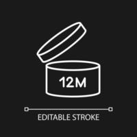 Glas mit Ablaufdatum weißes lineares Symbol für dunkles Thema. Haltbarkeit von Hautpflegeprodukten. Schönheitsprodukte. dünne Liniendarstellung. isoliertes Symbol für Nachtmodus. editierbarer Strich vektor