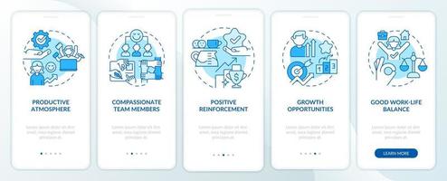 gesunde arbeitsumgebung blauer onboarding-bildschirm der mobilen app. Komplettlösung 5 Schritte grafische Anleitungsseiten mit linearen Konzepten. ui, ux, gui-Vorlage