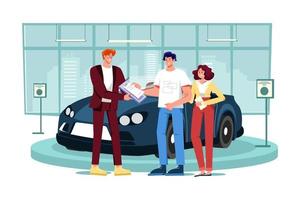 Autohändler, der einem Paar, das ein Auto kauft, den Kaufvertrag erklärt vektor