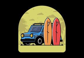 Kleinwagen und Abbildung mit zwei Surfbrettern vektor