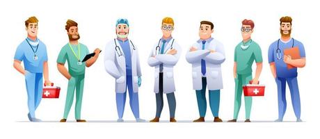uppsättning medicinska manliga läkare och sjuksköterska karaktärer i tecknad stil vektor