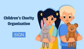 pojke och flicka håller leksaker i sina händer. välgörenhetsstöd för barn koncept. välgörenhetsförening skydd, uppfostran bistånd föräldralösa organisation. vektor webb banner.
