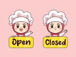 süße und kawaii hijab köchin oder bäckerin mit offenem geschlossenem brett cartoon manga chibi vektorcharakter design vektor