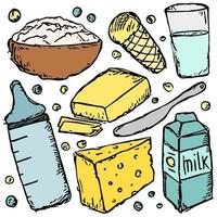 Milchproduktion. Vektor-Doodle-Illustration mit Symbol für Milchprodukte. Milch essen vektor