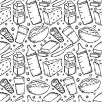 sömlöst mjölkproduktionsmönster. vektor doodle illustration med mjölkprodukter ikon. mönster med mjölkmat