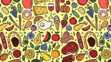 horizontale Darstellung des Lebensmittelhintergrunds mit Obst, Gemüse und Fleisch vektor