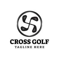 cross golf logotyp med golfpinne och cirkel formelement isolerad på vit bakgrund. klassisk retro vintage vektor designillustration.