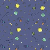 nahtloses Raummuster. Kosmos-Hintergrund. kritzeln sie vektorraumillustration mit planeten, kometen, sternen, mond, sonne und schwarzem loch vektor