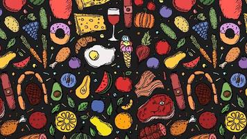 horizontale Darstellung des Lebensmittelhintergrunds mit Obst, Gemüse und Fleisch