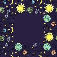 sömlöst utrymme mönster med plats för text. kosmos bakgrund. doodle vektor utrymme illustration med planeter, komet, stjärnor, måne, sol och svart hål