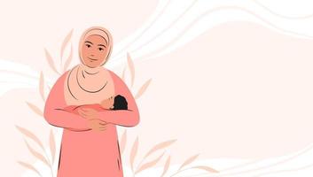 banner über schwangerschaft und mutterschaft mit platz für text. arabische Frau hält neugeborenes Baby. muslimisches Mädchen in traditioneller Kleidung. flache vektorillustration. vektor