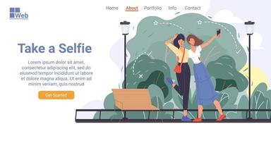 glad kvinna vän ta selfie målsida design vektor