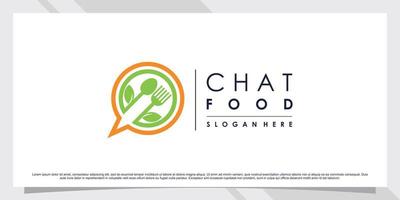 Food-Chat-Logo-Design mit Gabel, Löffel und Blattelement vektor