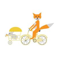 den orange räven rider på en cykel och levererar kanin. vektor stock illustration.