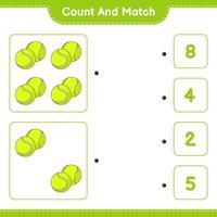 räkna och matcha, räkna antalet tennisbollar och matcha med rätt siffror. pedagogiskt barnspel, utskrivbart kalkylblad, vektorillustration vektor