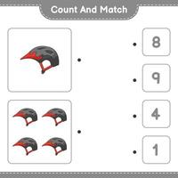 räkna och matcha, räkna antalet cykelhjälmar och matcha med rätt siffror. pedagogiskt barnspel, utskrivbart kalkylblad, vektorillustration vektor