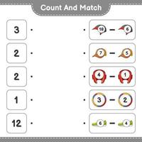 zähle und kombiniere, zähle die Anzahl von Helm, Handschuhen, Mütze, Volleyball, Turnschuhen und kombiniere die richtigen Zahlen. pädagogisches kinderspiel, druckbares arbeitsblatt, vektorillustration vektor