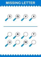 saknad bokstav med förstoringsglas. arbetsblad för barn vektor