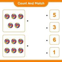Zählen und passen, zählen Sie die Anzahl der Volleyball und passen Sie mit den richtigen Zahlen zusammen. pädagogisches kinderspiel, druckbares arbeitsblatt, vektorillustration vektor