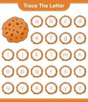 Verfolge den Brief. buchstabenalphabet mit cookie verfolgen. pädagogisches kinderspiel, druckbares arbeitsblatt, vektorillustration vektor