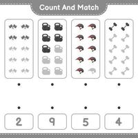 räkna och matcha, räkna antalet hantlar, racingflaggor, cykelhjälm och matcha med rätt siffror. pedagogiskt barnspel, utskrivbart kalkylblad, vektorillustration vektor