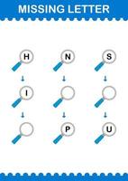 saknad bokstav med förstoringsglas. arbetsblad för barn vektor
