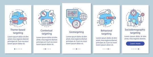 Targeting-Typen beim Onboarding des Seitenbildschirms der mobilen App mit linearen Konzepten. Menschenbasierte zielgerichtete Werbeschritte mit grafischen Anweisungen. ux, ui, gui-vektorvorlage mit illustrationen vektor