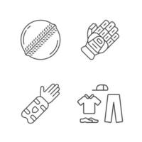 Cricket-Meisterschaft lineare Symbole gesetzt. Sportuniform, Schutzausrüstung, Spielausrüstung. sportliche Aktivität. Teamspiel. dünne Linienkontursymbole. isolierte vektorumrissillustrationen. editierbarer Strich vektor