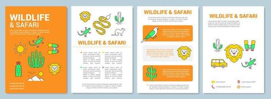 Wildtier- und Safari-Broschürenvorlagen-Layout. flyer, broschüre, broschürendruckdesign mit linearen illustrationen. Reiseerlebnisse. Vektorseitenlayouts für Zeitschriften, Geschäftsberichte, Werbeplakate vektor