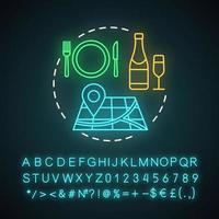 Symbol für das Neonlicht-Konzept der kulinarischen Tour. reiseerlebnis idee. Küche des Auslands. nationale Gastronomie. lokales Gericht. leuchtendes zeichen mit alphabet, zahl und symbolen. vektor isolierte illustration